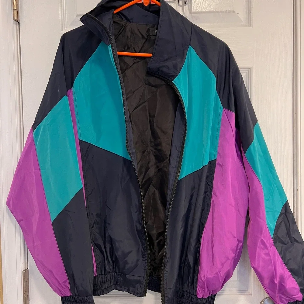 Du Zuo Mens Vintage Style Colorblock Windbreaker Jacket Navy Teal Purple Large